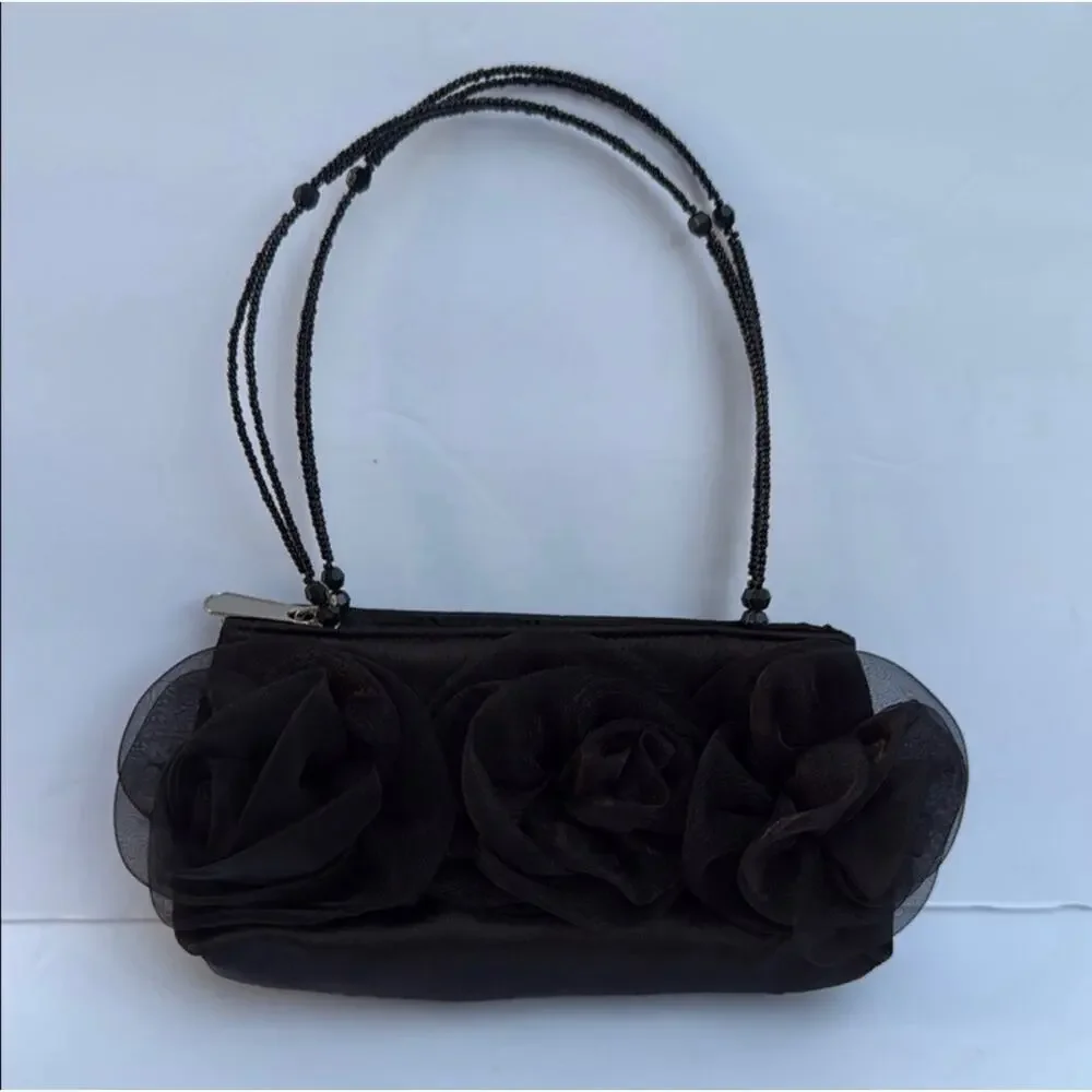 Vintage Handbag Black Rayon with Beaded Handle and Rose Detail
